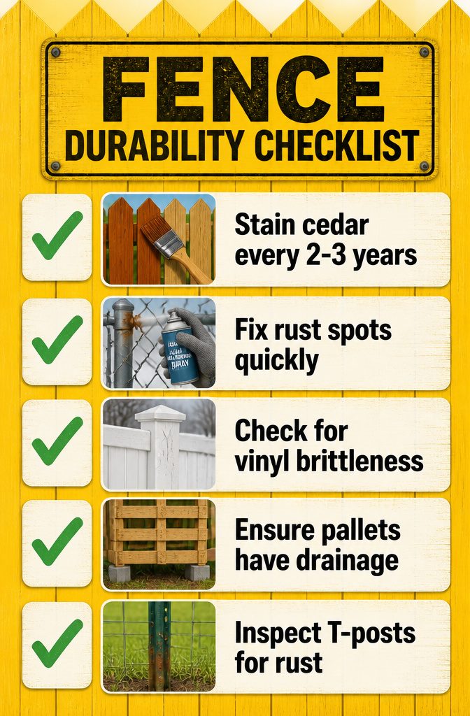 A checklist for fence durability, outlining maintenance requirements.