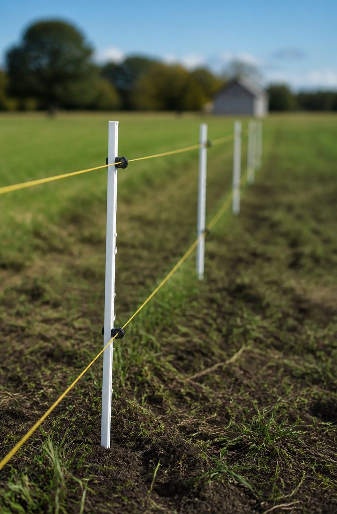 Electric fence wires stretched across a field, emphasizing its agricultural use.