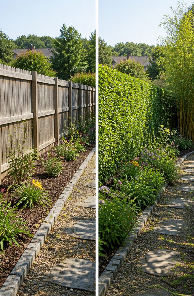 A hedge fence in a garden, illustrating the slow growth of plants.