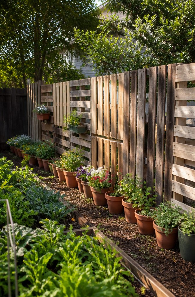 A rustic pallet fence surrounding a backyard garden filled with vegetables.