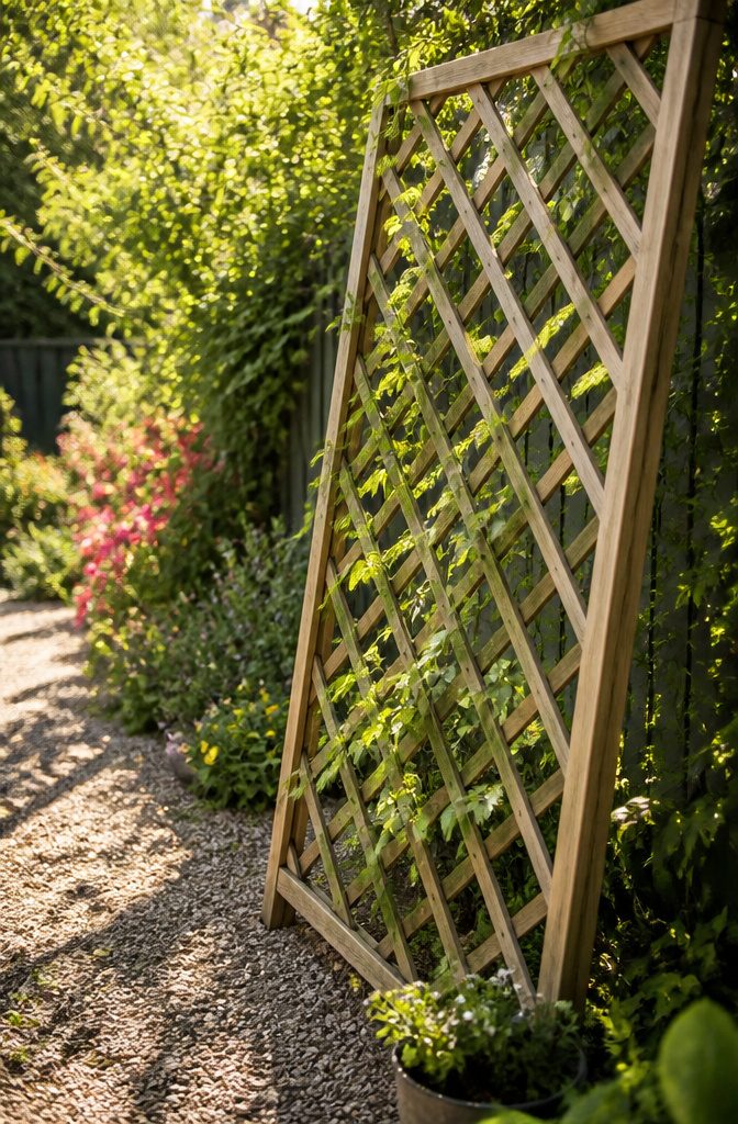 Wood trellis panels in a garden, featuring climbing plants for coverage.