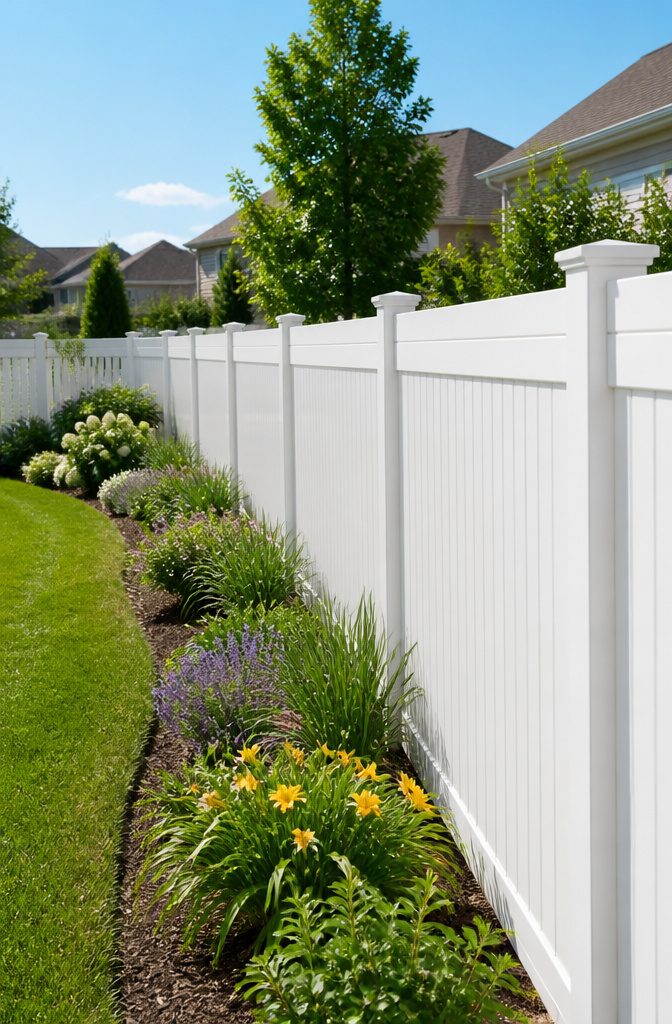 A white vinyl fence in a suburban yard, showcasing its clean finish.