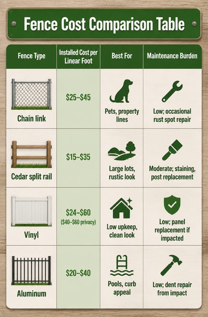 A table comparing installed costs and maintenance burdens of different fence types.