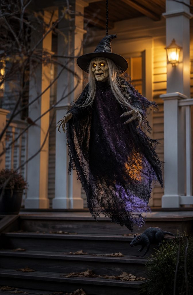 Cheap Halloween Decorations: Indoor & Outdoor Ideas for 2026 3 A motion-activated rat prop displayed on a porch.