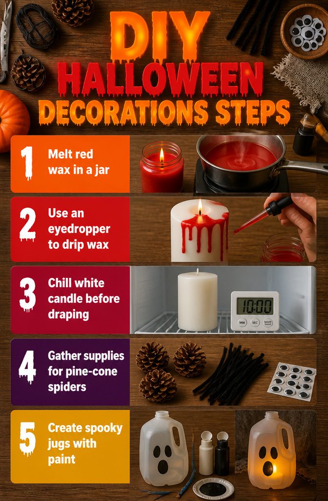 Cheap Halloween Decorations: Indoor & Outdoor Ideas for 2026 5 A white pillar candle with red wax drippings for Halloween.