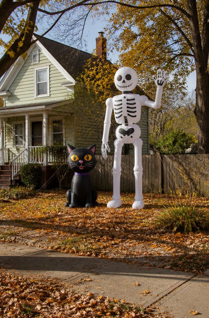 Cheap Halloween Decorations: Indoor & Outdoor Ideas for 2026 2 A basic black cat inflatable decoration in a yard.