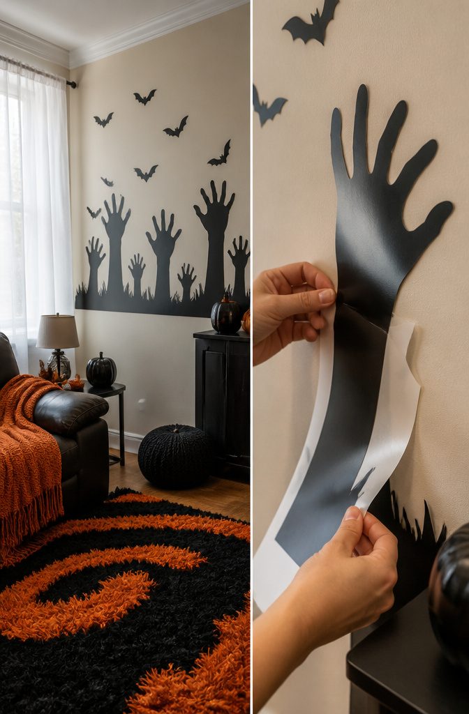 Cheap Halloween Decorations: Indoor & Outdoor Ideas for 2026 4 Removable vinyl stickers depicting Halloween designs on a wall.