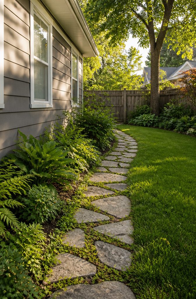 A garden path made of stepping stones arranged in a yard.