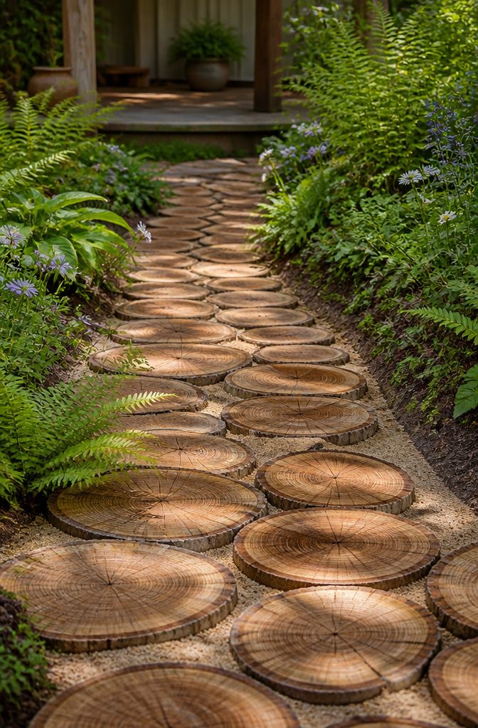 A walkway paved with cross-sawn logs arranged in a path.