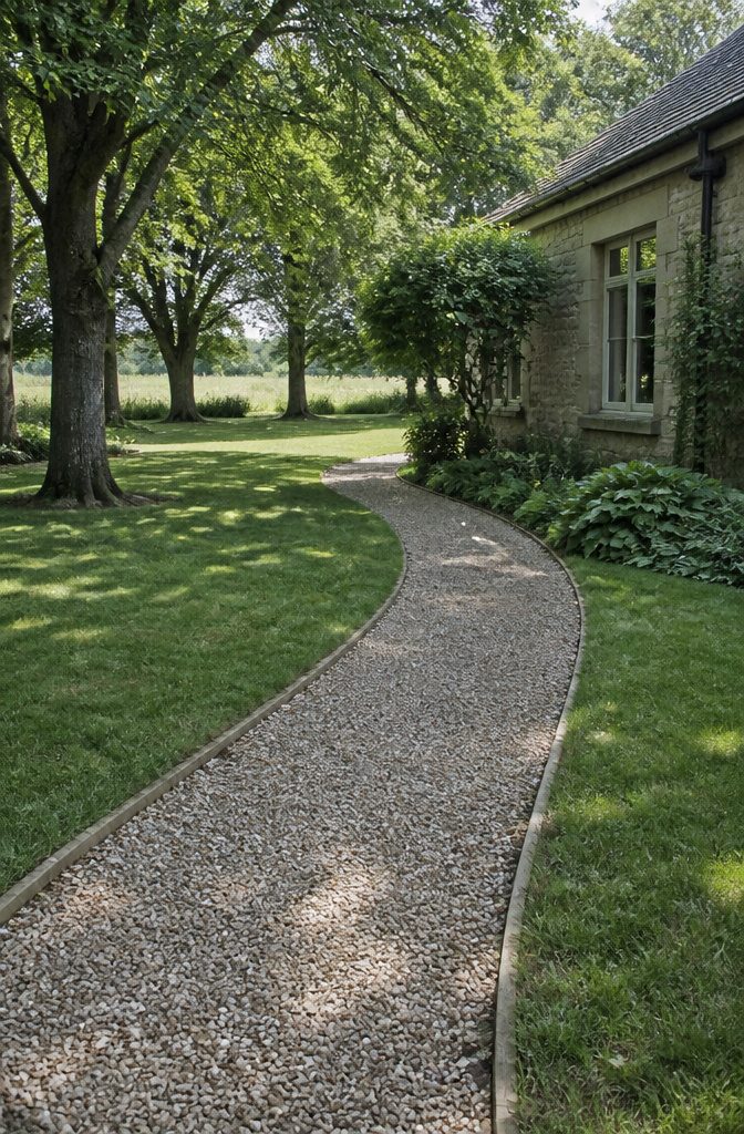 A pathway or driveway covered with compacted gravel.
