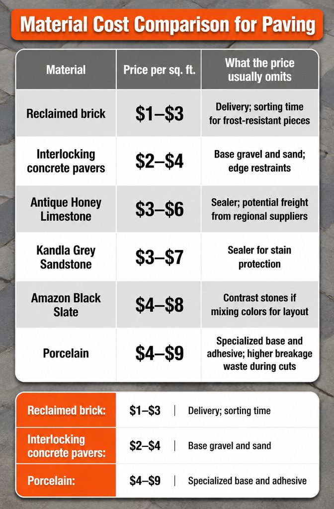 A table comparing prices and costs for different paving materials.