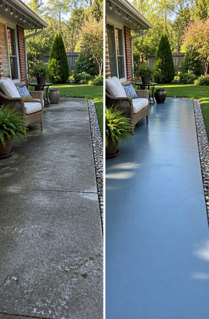 A patio with painted concrete showing a fresh, colorful design.
