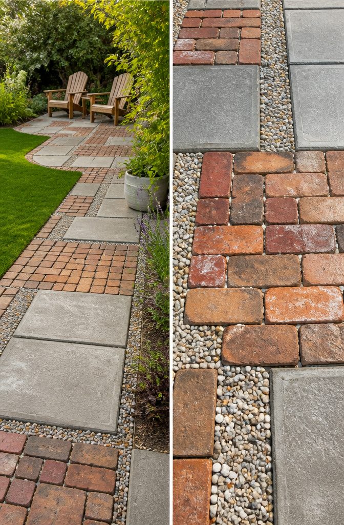 A patchwork surface made of various paving materials in a garden.