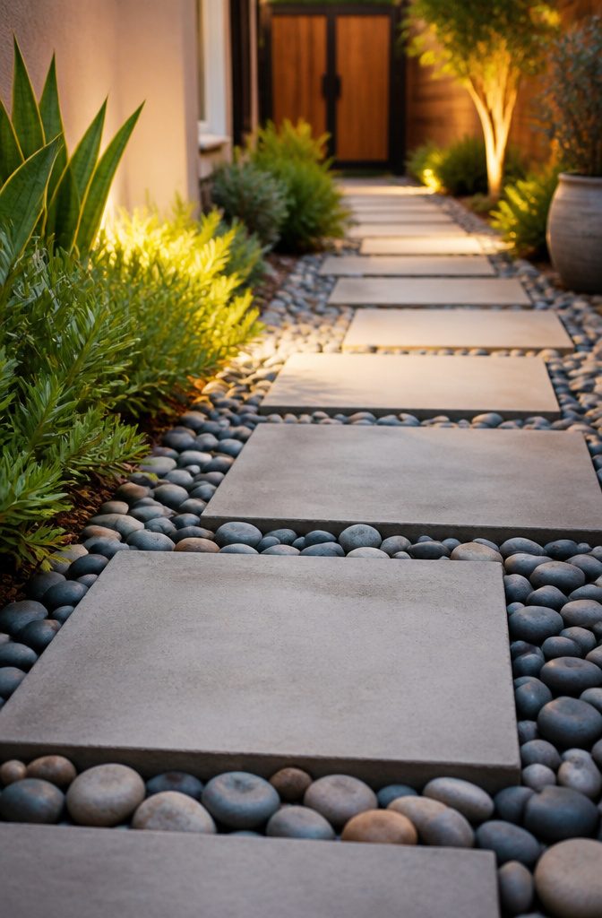 Pavers with wide gaps filled with smooth river pebbles.