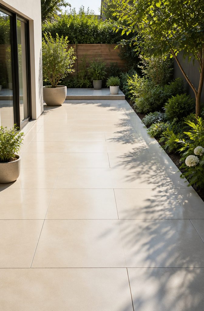 A patio featuring smooth porcelain tiles arranged in a linear pattern.