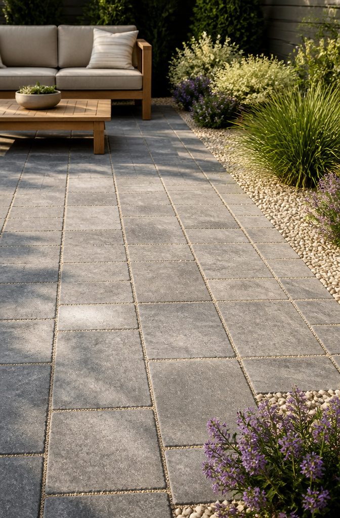 A patio laid with interlocking concrete pavers in a sandy bed.