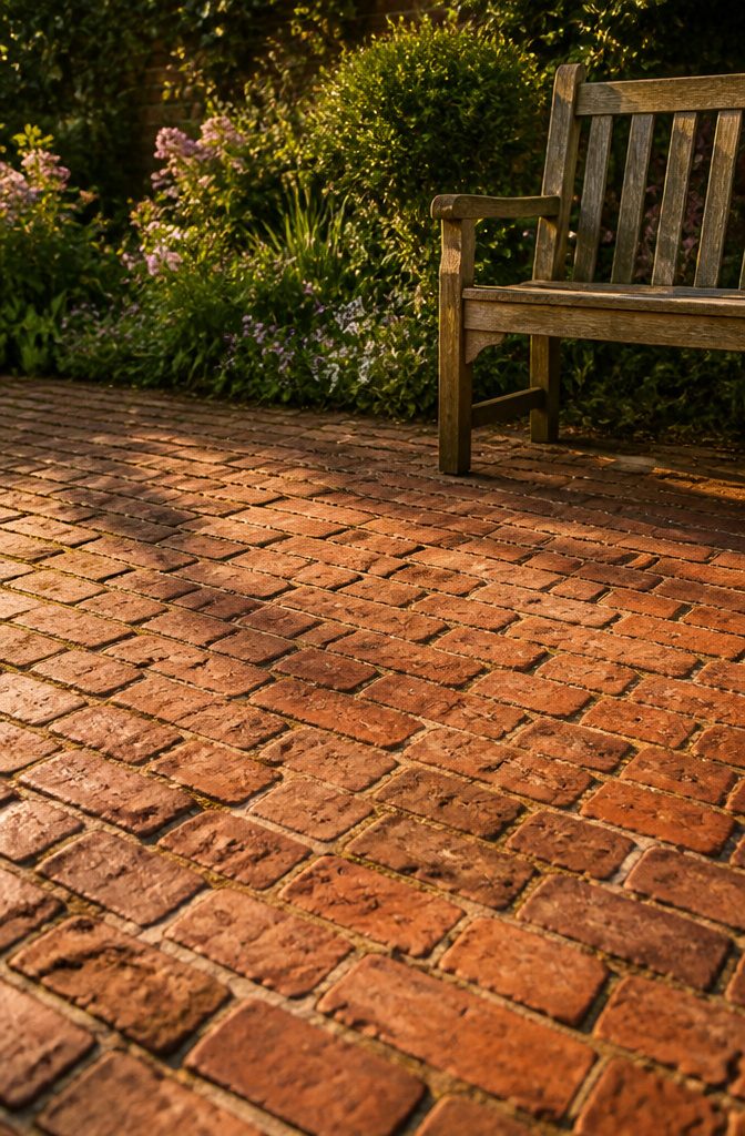 A path made of reclaimed bricks with varying thicknesses.