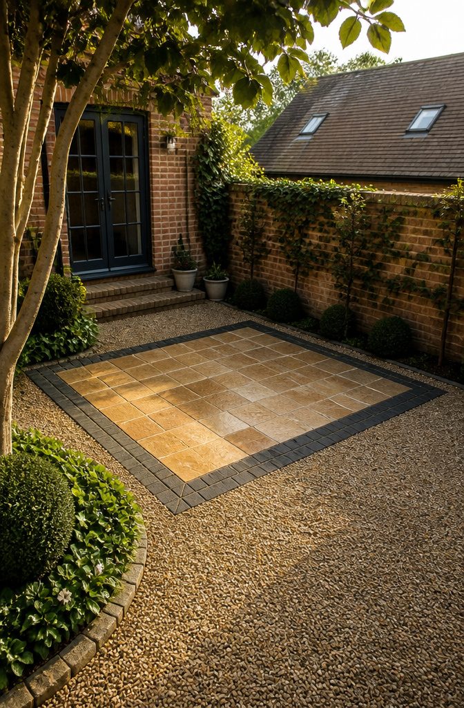 A small area paved with Antique Honey Limestone surrounded by gravel.