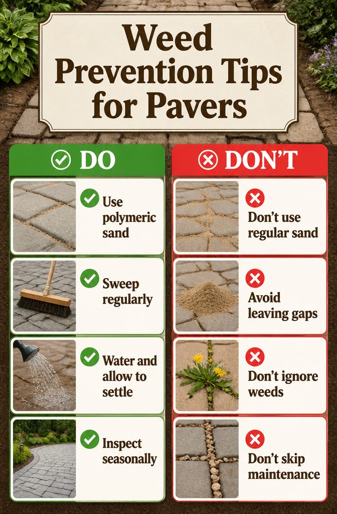 Tips for preventing weeds between paver joints with polymeric sand.