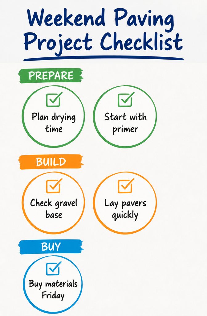 A checklist for DIY weekend paving projects displayed on a notepad.