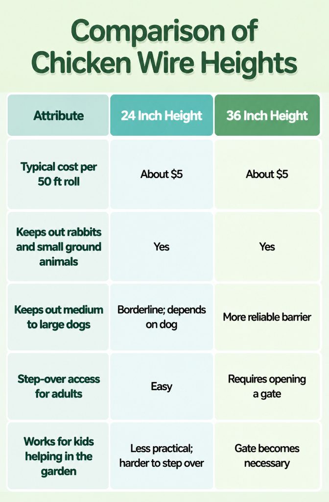 Chicken Wire Garden Fence: 5 Steps for Building a Simple Boundary 9 A comparison chart of 24-inch and 36-inch chicken wire for gardens.
