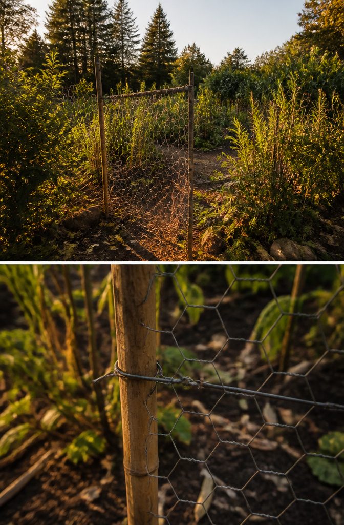 Chicken Wire Garden Fence: 5 Steps for Building a Simple Boundary 7 A garden gate constructed from chicken wire and a bamboo stake.
