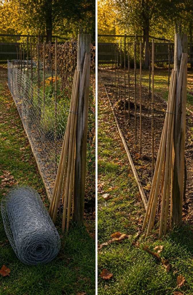 Chicken Wire Garden Fence: 5 Steps for Building a Simple Boundary 8 A gardener dismantling a chicken wire fence as autumn leaves cover the ground.