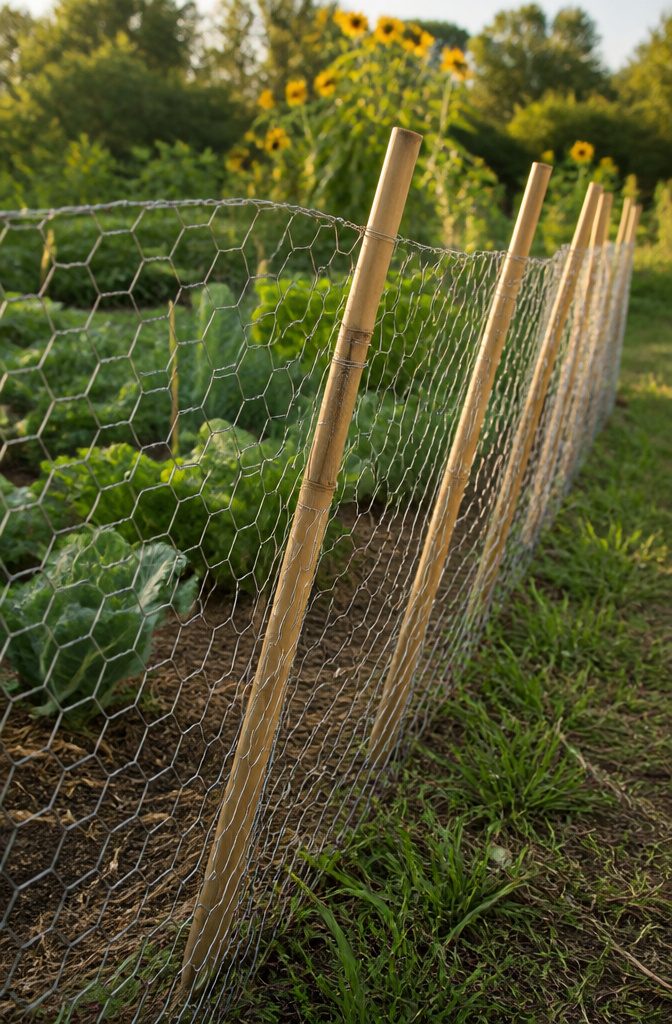 Chicken Wire Garden Fence: 5 Steps for Building a Simple Boundary 6 Bamboo stakes holding up chicken wire along the perimeter of a garden.