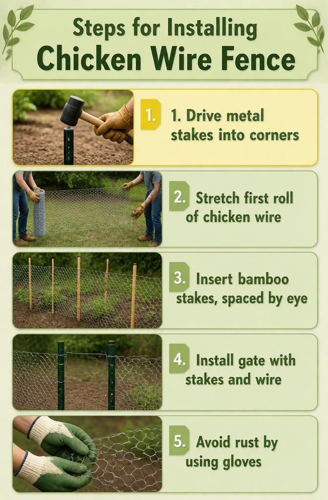 Chicken Wire Garden Fence: 5 Steps for Building a Simple Boundary 11 Step-by-step process of installing chicken wire fence in a garden.