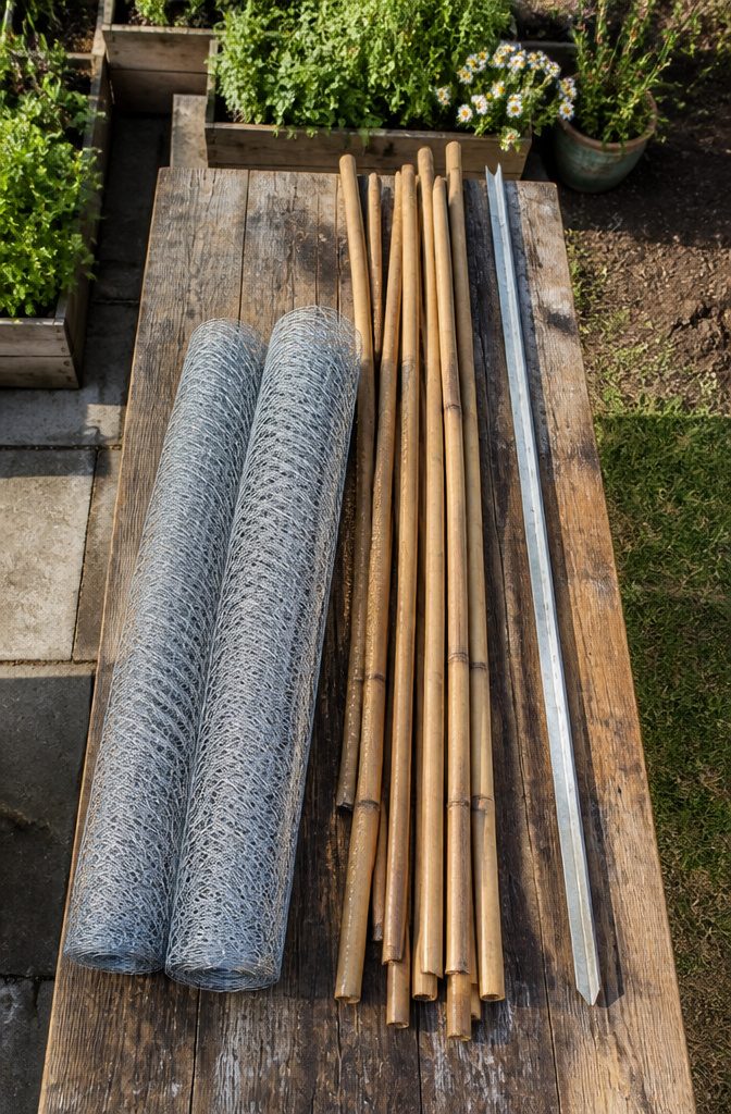 Chicken Wire Garden Fence: 5 Steps for Building a Simple Boundary 3 Two rolls of chicken wire and bamboo stakes arranged for a garden project.