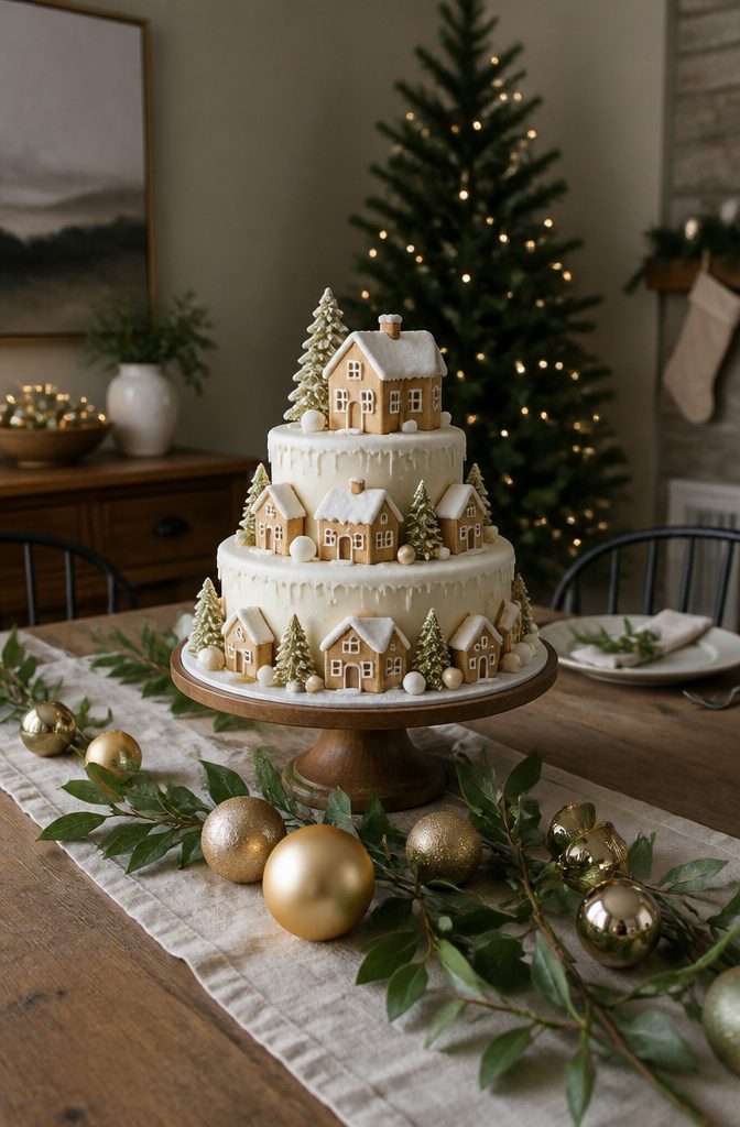 A layered cake resembling a Christmas village on a table.