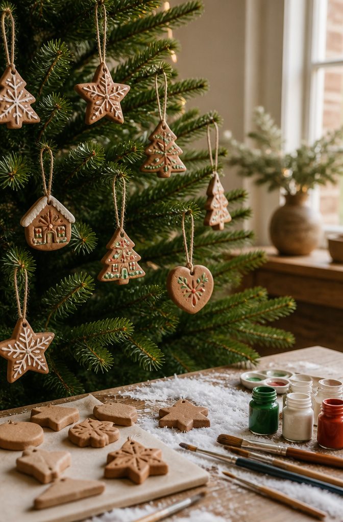 Cinnamon salt dough ornaments displayed on a green Christmas tree.