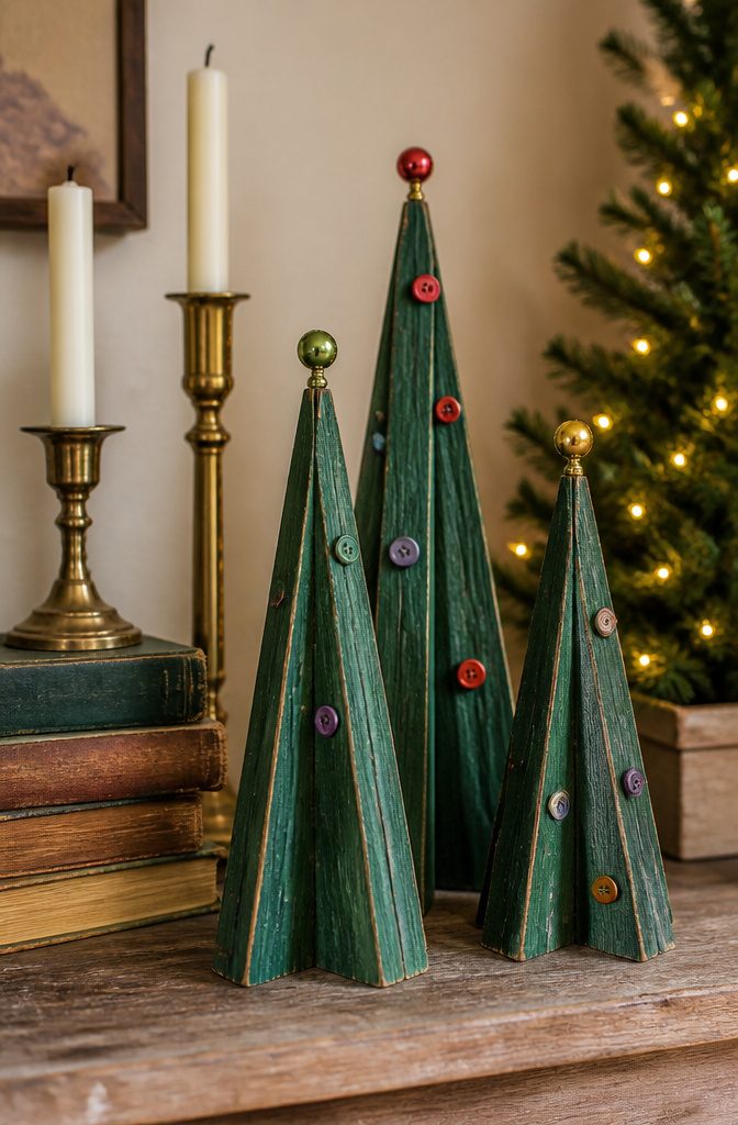 Craft stick trees topped with ornaments on a wooden shelf.