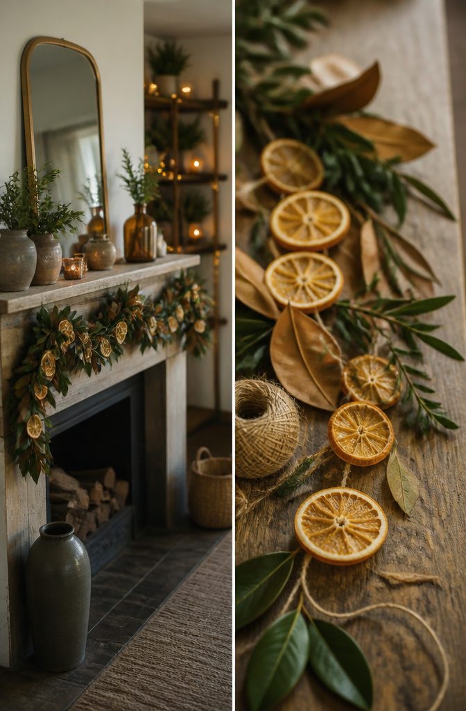 Dried orange slices and leaves used for Christmas trimmings.