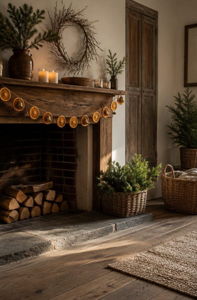 Dried orange slice garland displayed on a mantel.