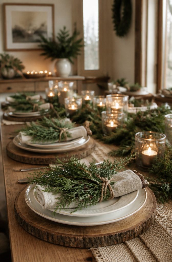 Evergreen napkin rings made from cedar resting on plates.