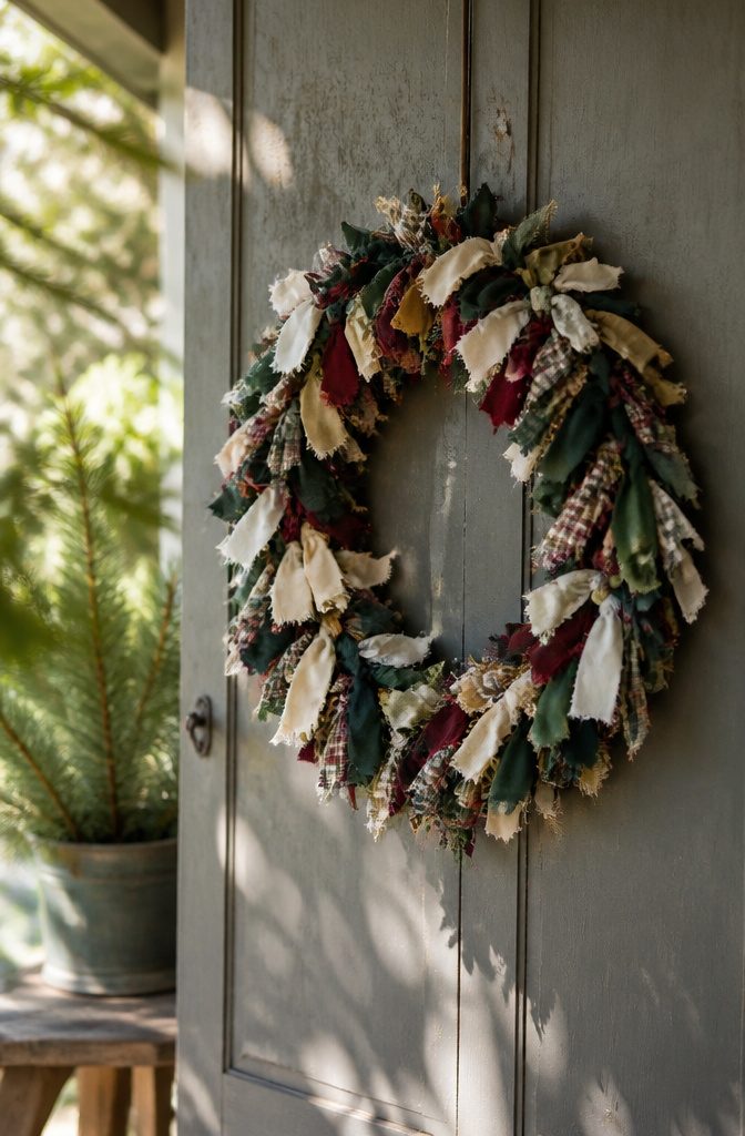A handmade wreath composed of colorful fabric scraps.