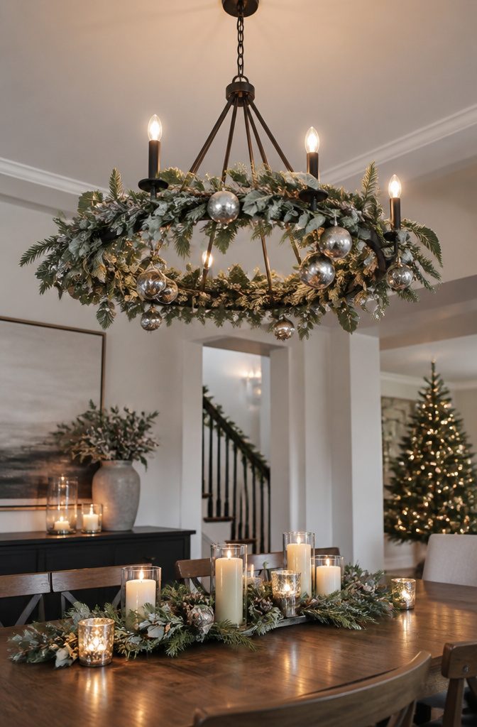 A chandelier made from a wreath suspended from the ceiling.