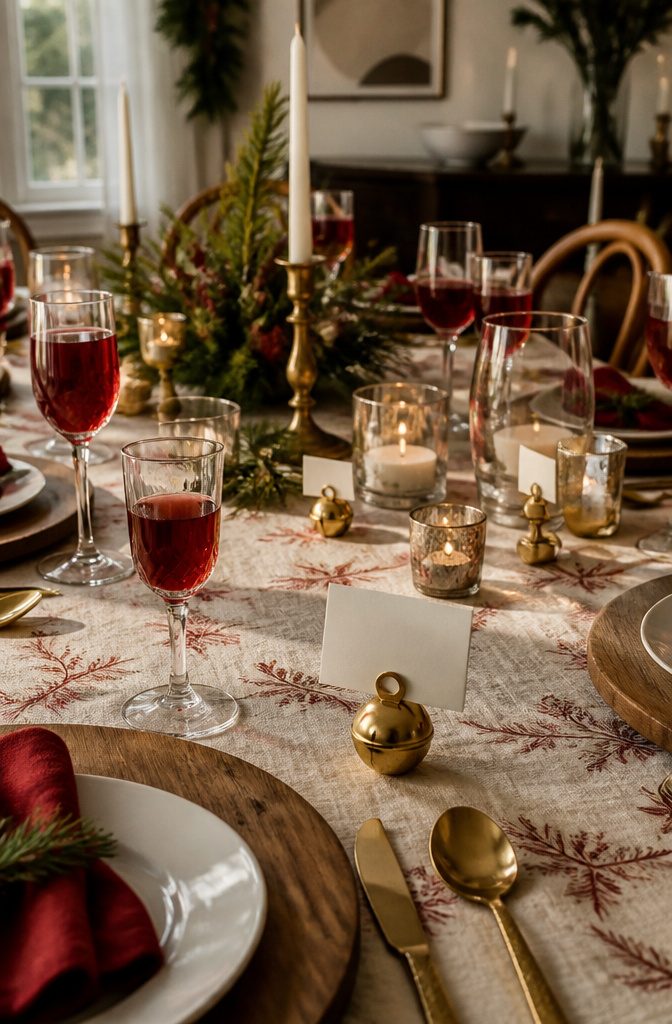 Jingle bells holding place cards on a festive dining table.