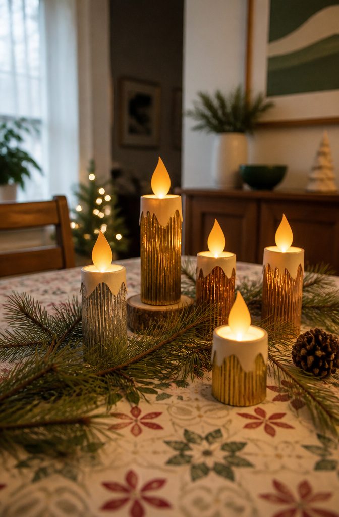 Paper candle ornaments made from cupcake liners on a table.