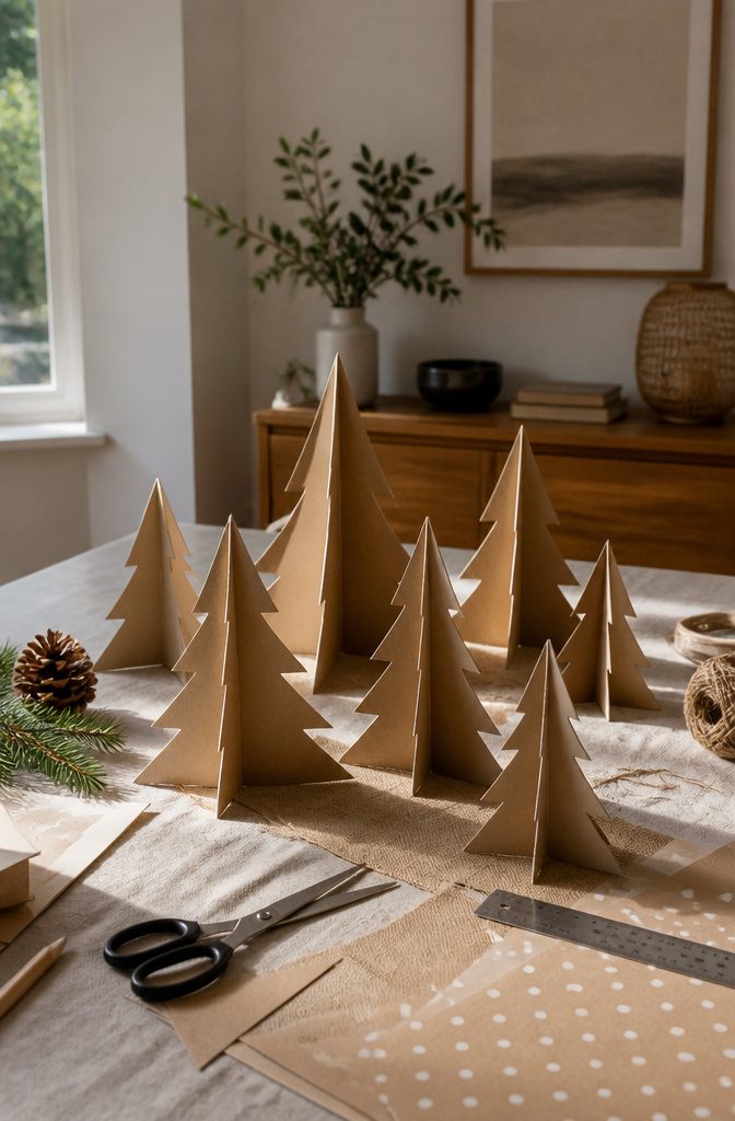 A collection of paper Christmas trees arranged on a table.