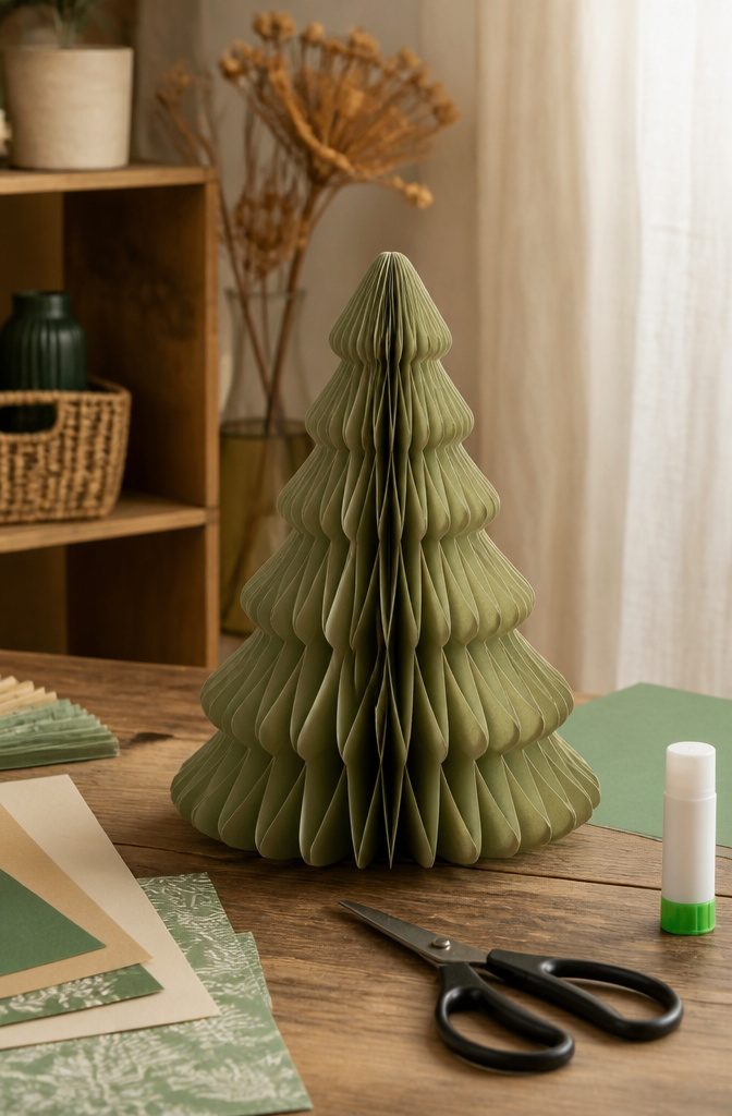 A paper honeycomb tree with a textured design displayed on a table.