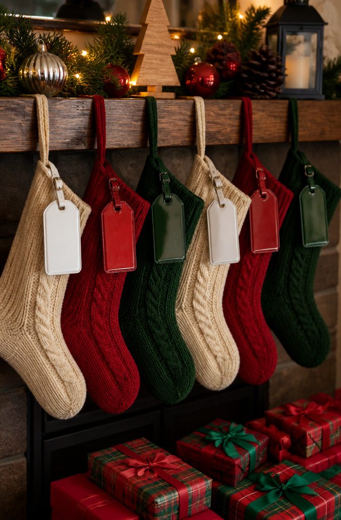 Knitted stockings with luggage tag labels and fairy lights.