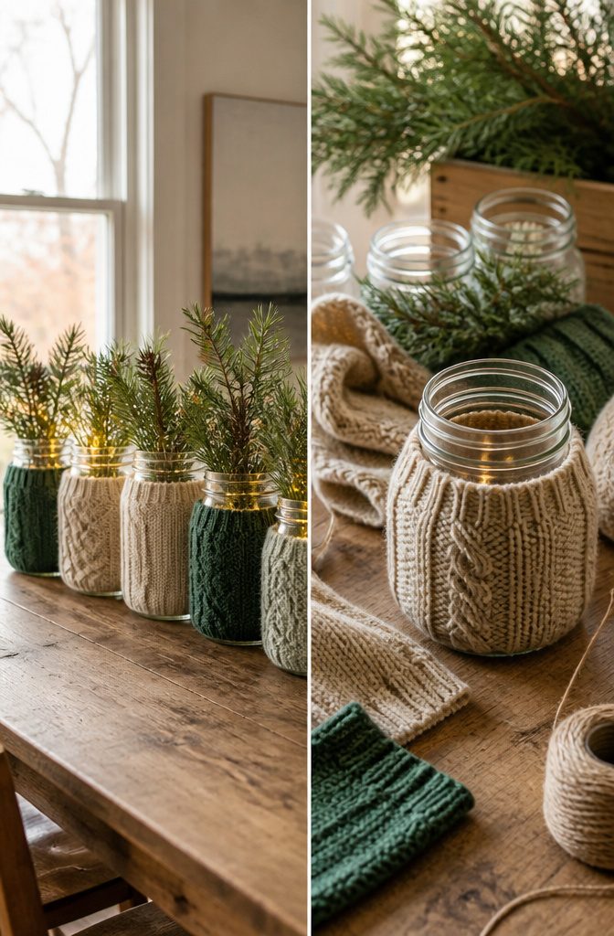Mason jars wrapped in knitted sleeves from old sweaters.
