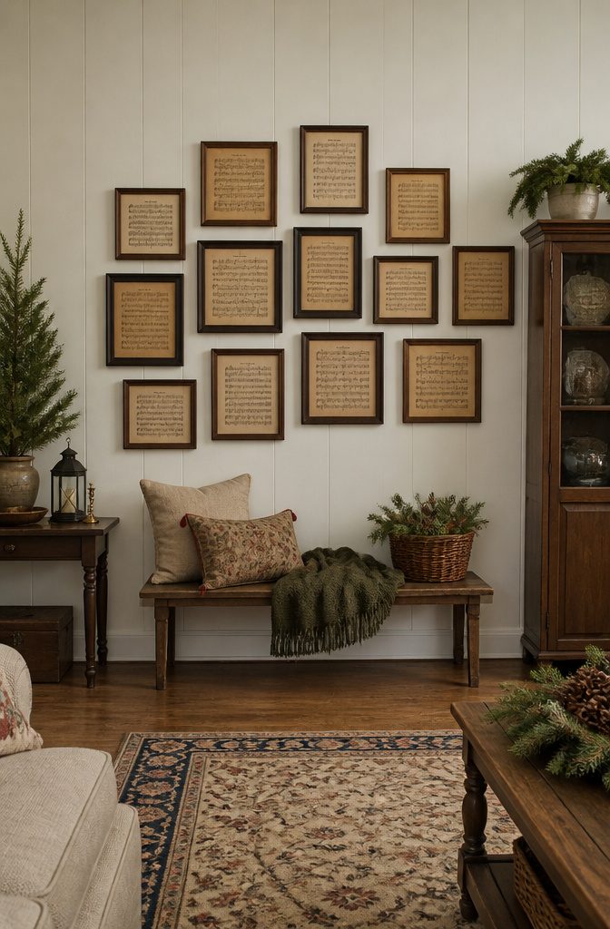Thrifted sheet music arranged as a gallery wall decoration.