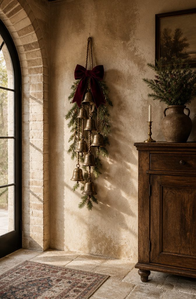 Clustered vintage bells arranged with greenery and ribbon.