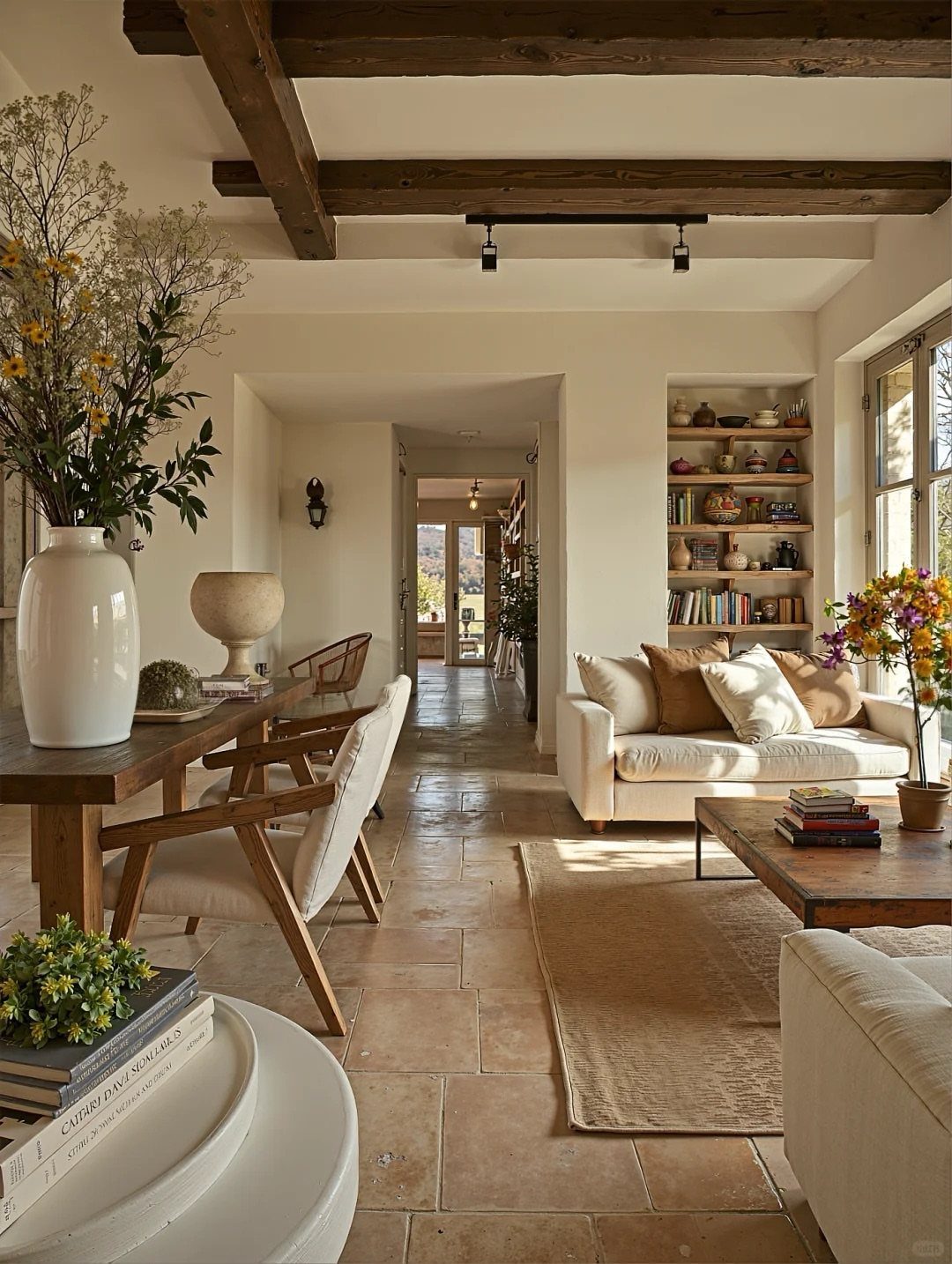 Rustic living room with a built-in wall alcove displaying various ceramic pottery pieces.