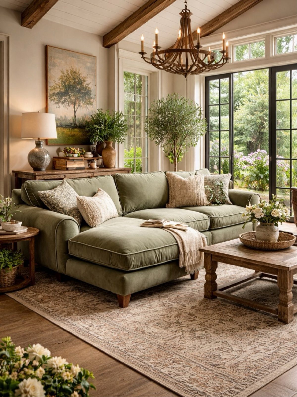 Olive green sectional sofa in a rustic living room with wooden beams and chandelier.
