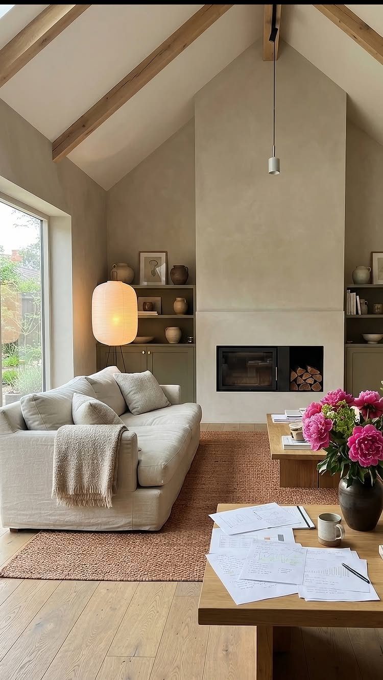 Beige sofa and jute rug in a room with a central fireplace focal point.