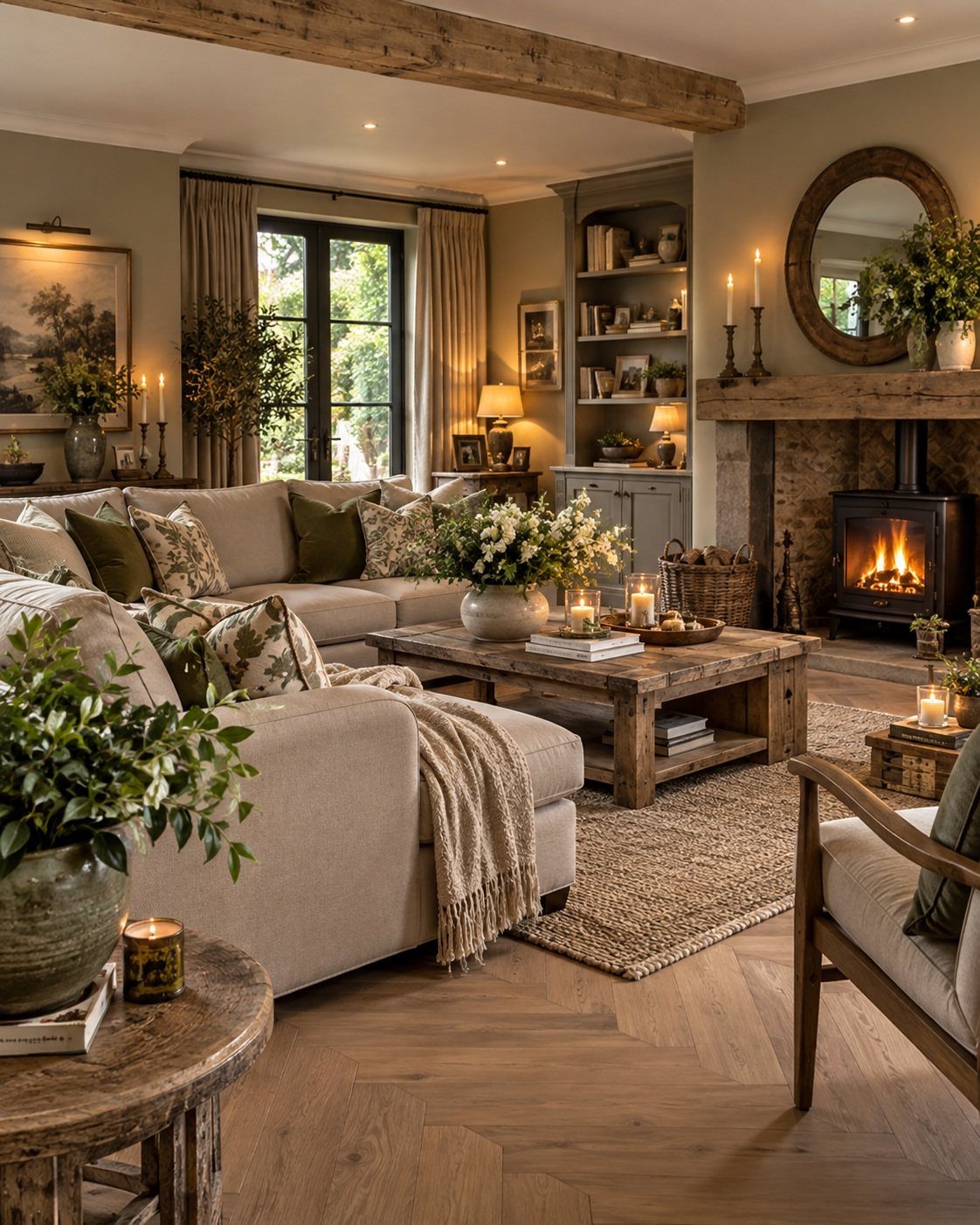 Rustic living room with beige sofas, wooden coffee table, and glowing wood-burning stove.